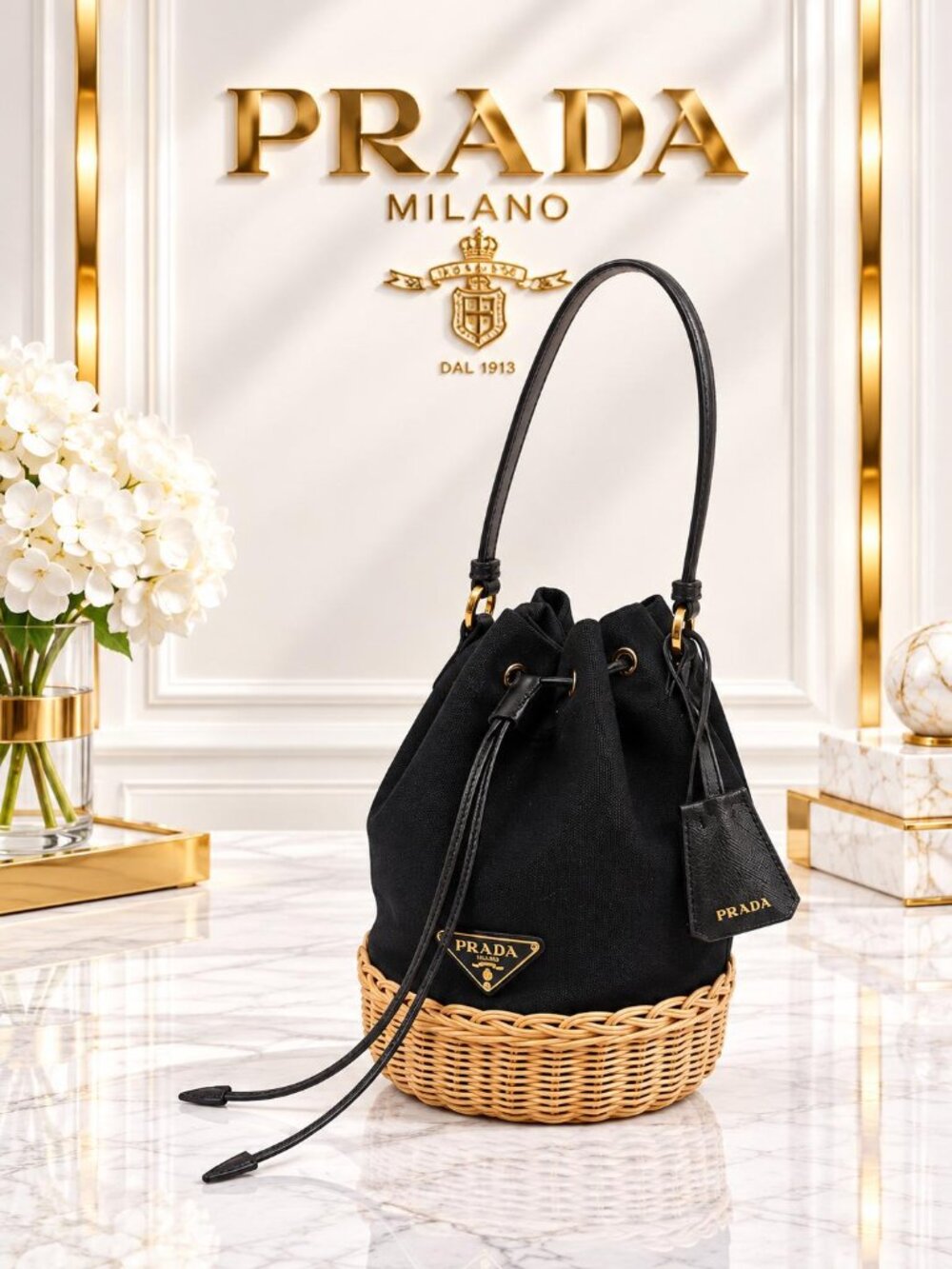 Authentic Prada Black Canvas Wicker Bucket Bag Drawstring Shoulder Bag Luxury